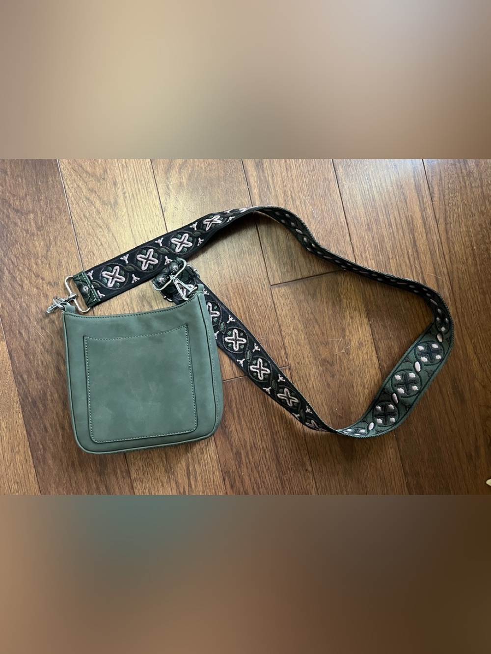 Green Cross-Stitch Strap Shoulder Bag